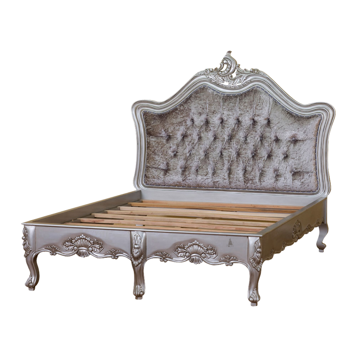 Angled view of the Poison Ivy Bed showing the curved headboard, elegant footboard and refined French provincial-inspired silhouette