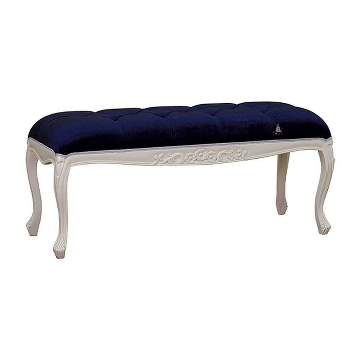 Another view of the Poison Ivy Bench, a long upholstered bench with a button-tufted seat
