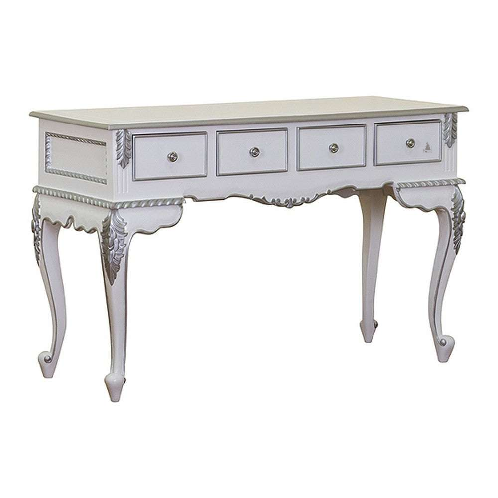 Poison Ivy Desk, a slim writing desk with four front drawers, a shaped apron, carved side detailing and long curved legs