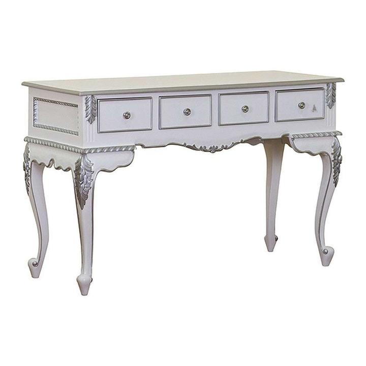 Another view of the Poison Ivy Desk, a slim writing desk with four front drawers