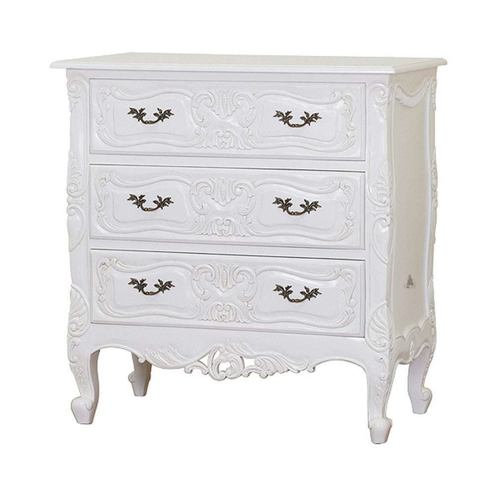 Poison Ivy Tallboy, a vertical chest of drawers with three broad drawers, raised carved panels, decorative hardware and a lifted cabriole base