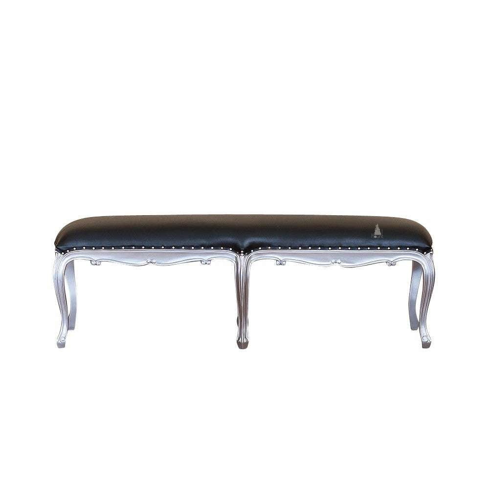 Another view of the Poseidon Bench, a long upholstered bench with a smooth padded top