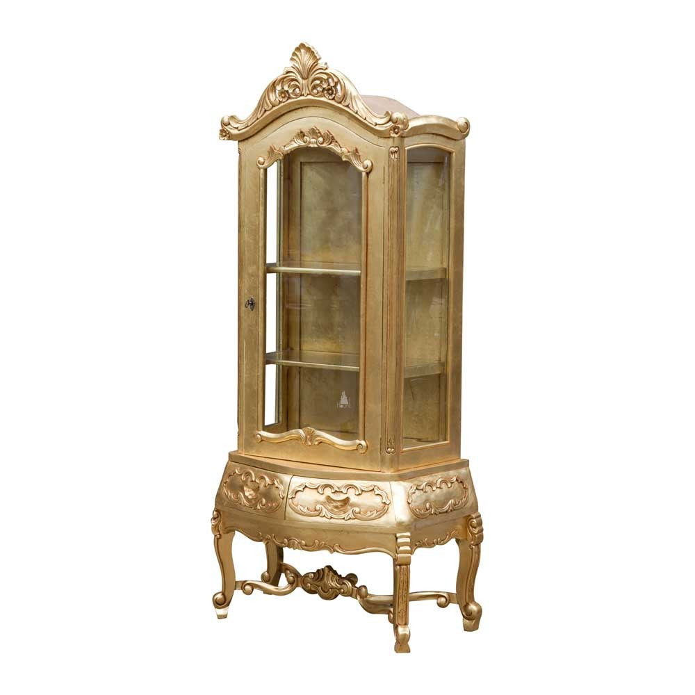 Poseidon Display Cabinet, a gilded single-door glass cabinet with a carved crest and an ornate carved base