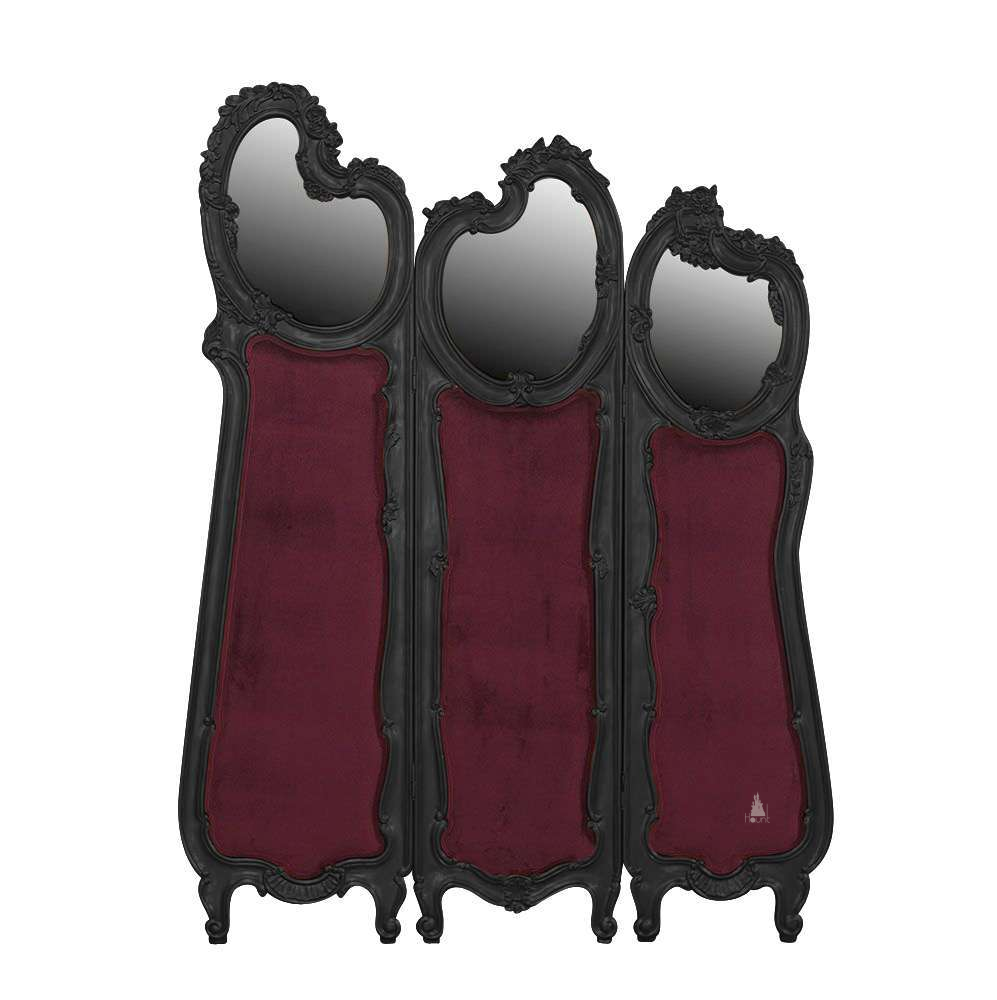Poseidon Room Divider, a three-panel statement screen with tall carved frames, arched mirror sections and deep burgundy upholstered lower panels