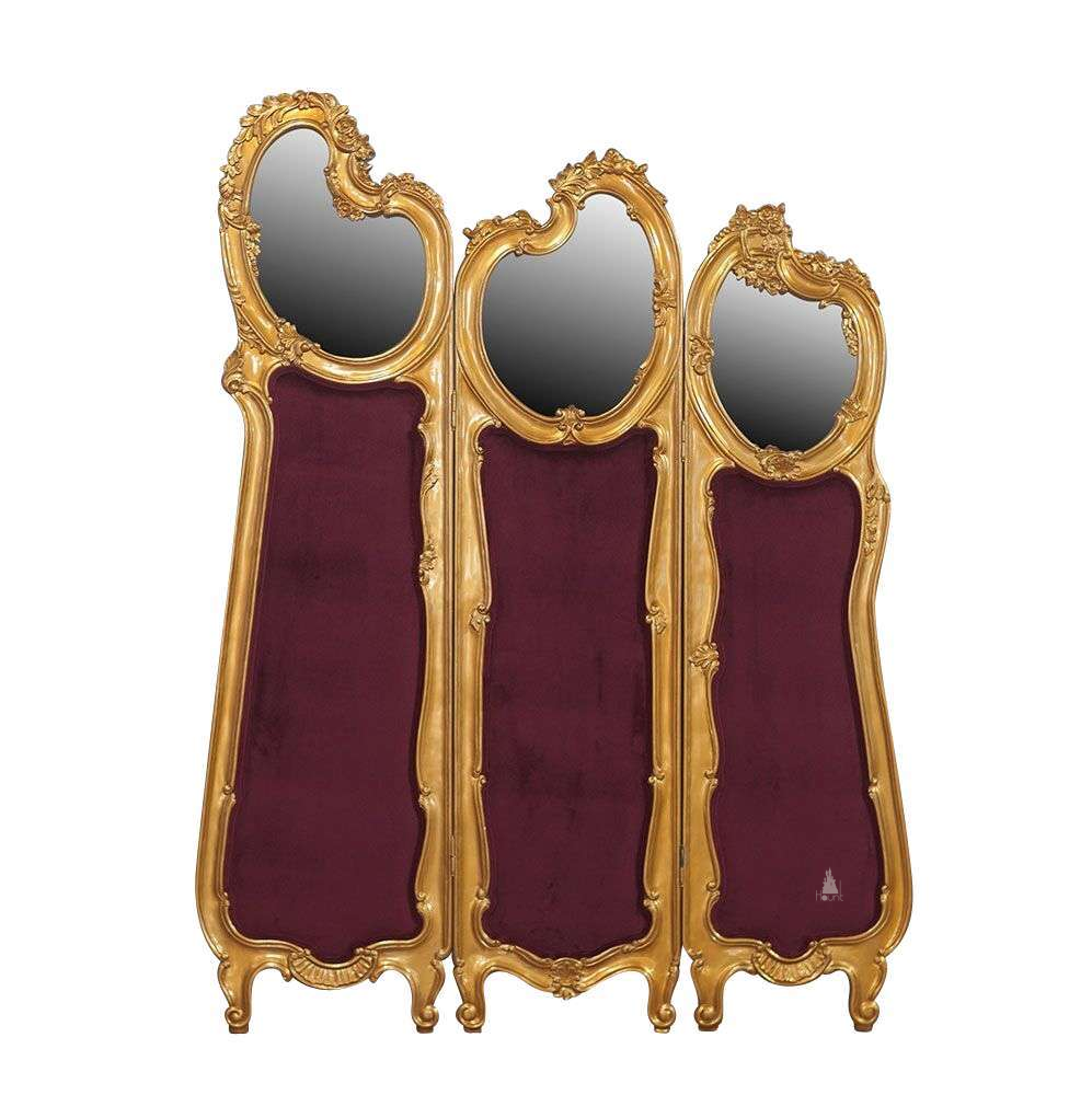 Another view of the Poseidon Room Divider, a three-panel statement screen with tall carved frames