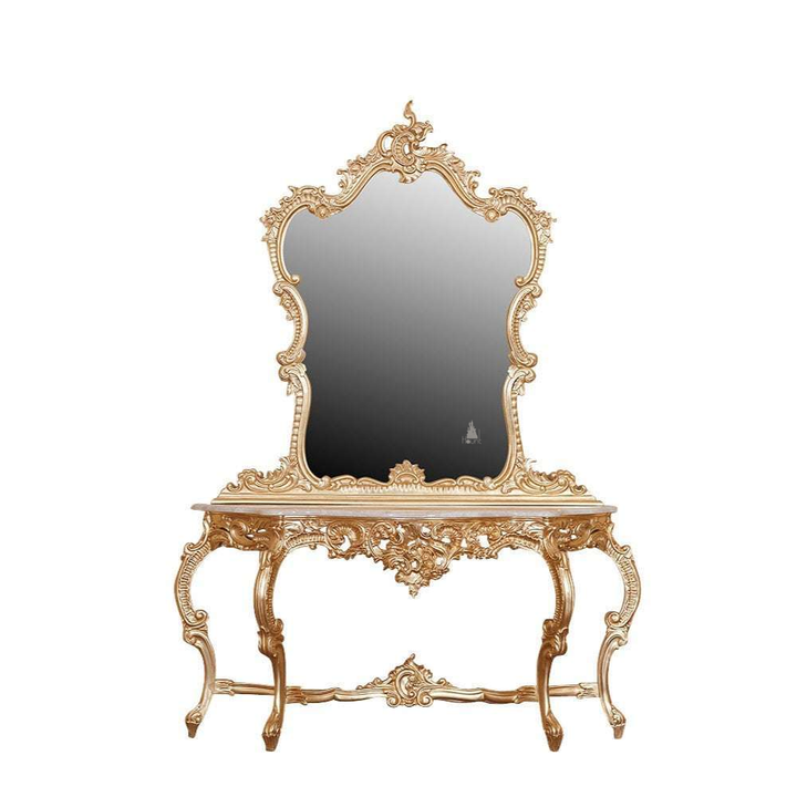 Poseidon Vanity, a tall, ornate dressing table built around a large shaped mirror and an elaborately carved console base