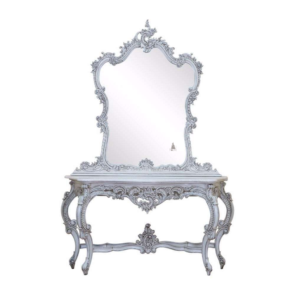 Another view of the Poseidon Vanity, a tall, ornate dressing table built around a large shaped mirror
