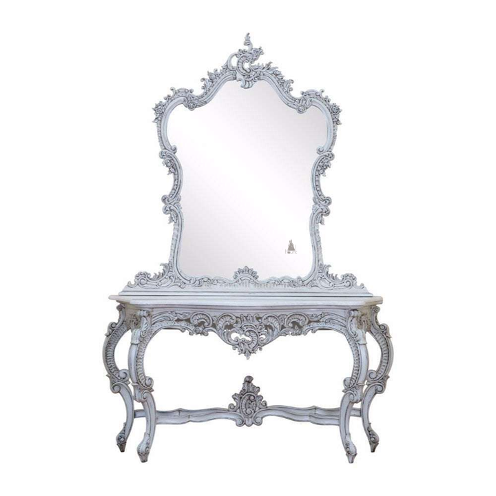 Another view of the Poseidon Vanity, a tall, ornate dressing table built around a large shaped mirror