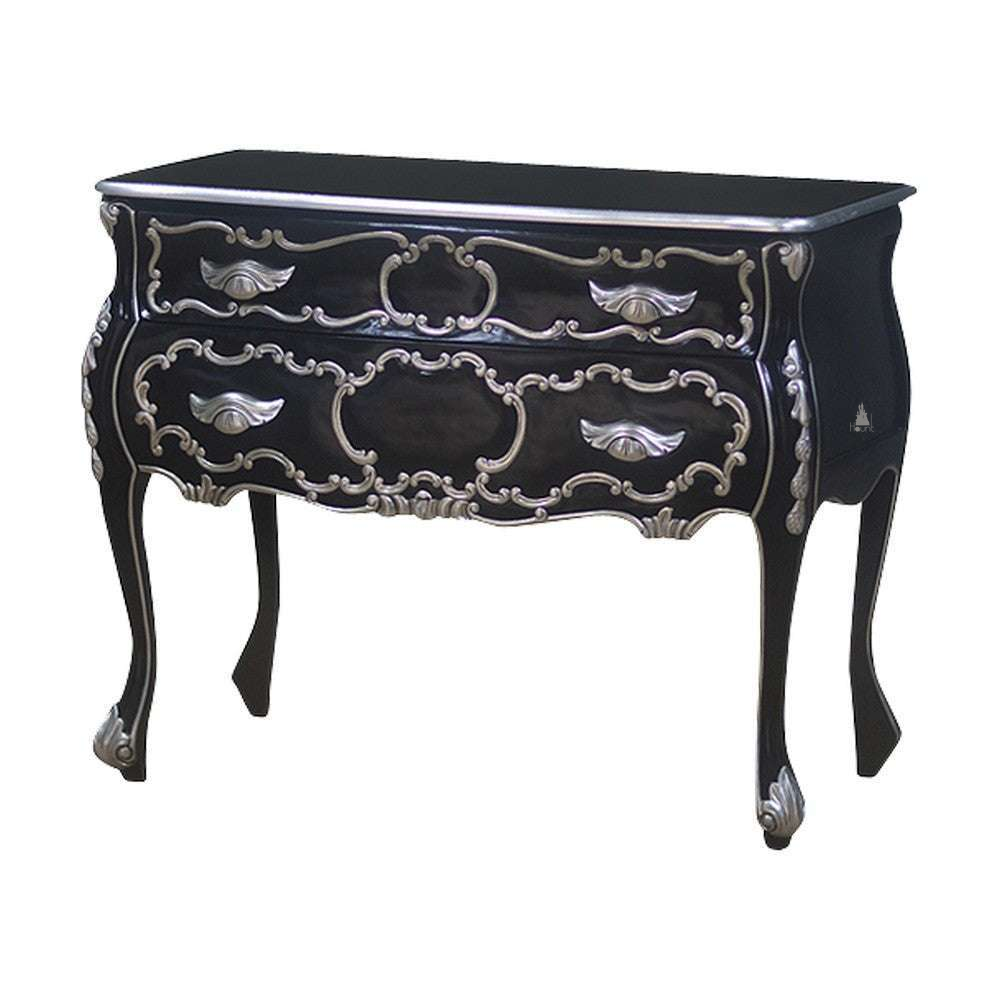 Another view of the Poseidon Wide Dresser, a compact two-drawer storage piece with a curved black body