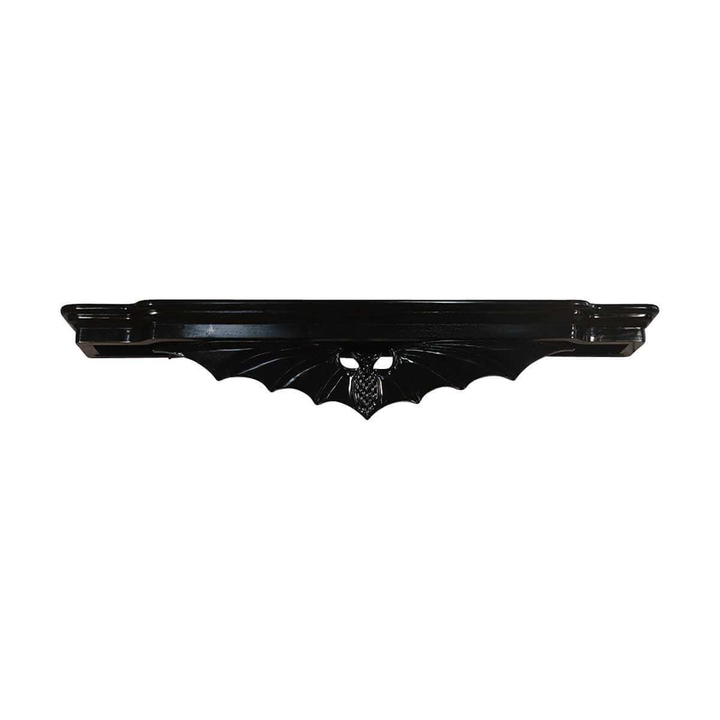 Queen of the Damned Bed Crown, a glossy black wall-mounted bed crown with a carved bat-wing form beneath its top