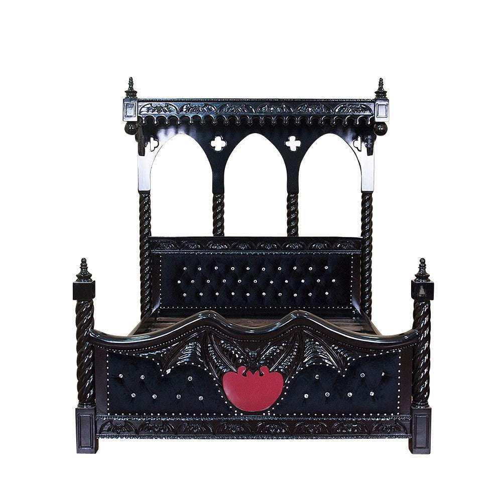 Front view of the Queen of the Damned Cathedral Bed showing the full cathedral-inspired headboard, footboard and gothic bed frame