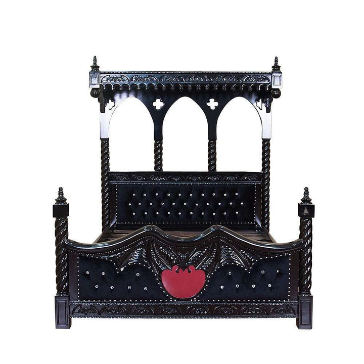 Front view of the Queen of the Damned Cathedral Bed showing the full cathedral-inspired headboard, footboard and gothic bed frame