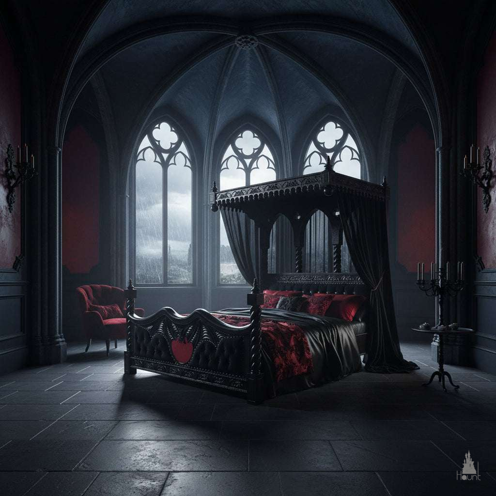 Angled view of the Queen of the Damned Cathedral Bed showing carved gothic arches, tall posts and architectural mahogany detailing