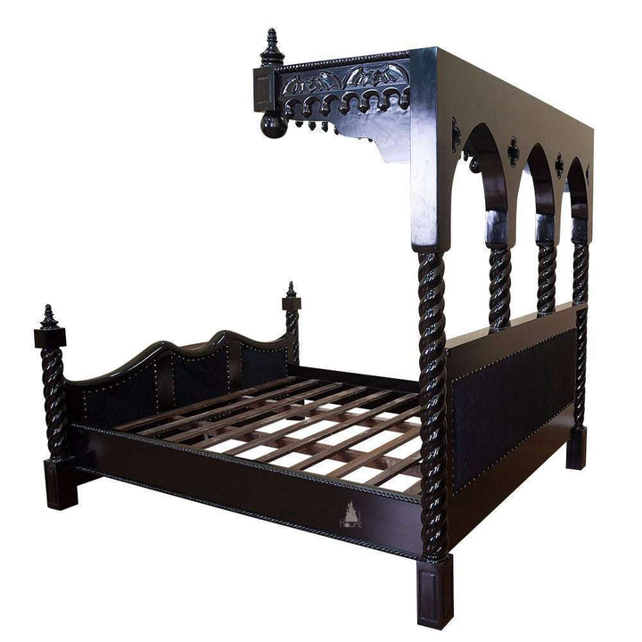 Side view of the Queen of the Damned Cathedral Bed showing the tall cathedral silhouette and carved gothic bed frame