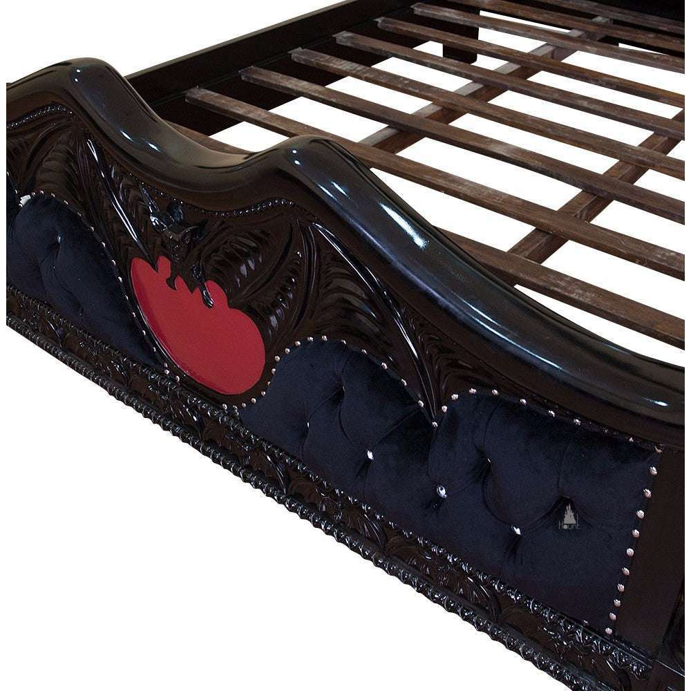 Footboard view of the Queen of the Damned Cathedral Bed highlighting gothic arch carving and dark mahogany detailing