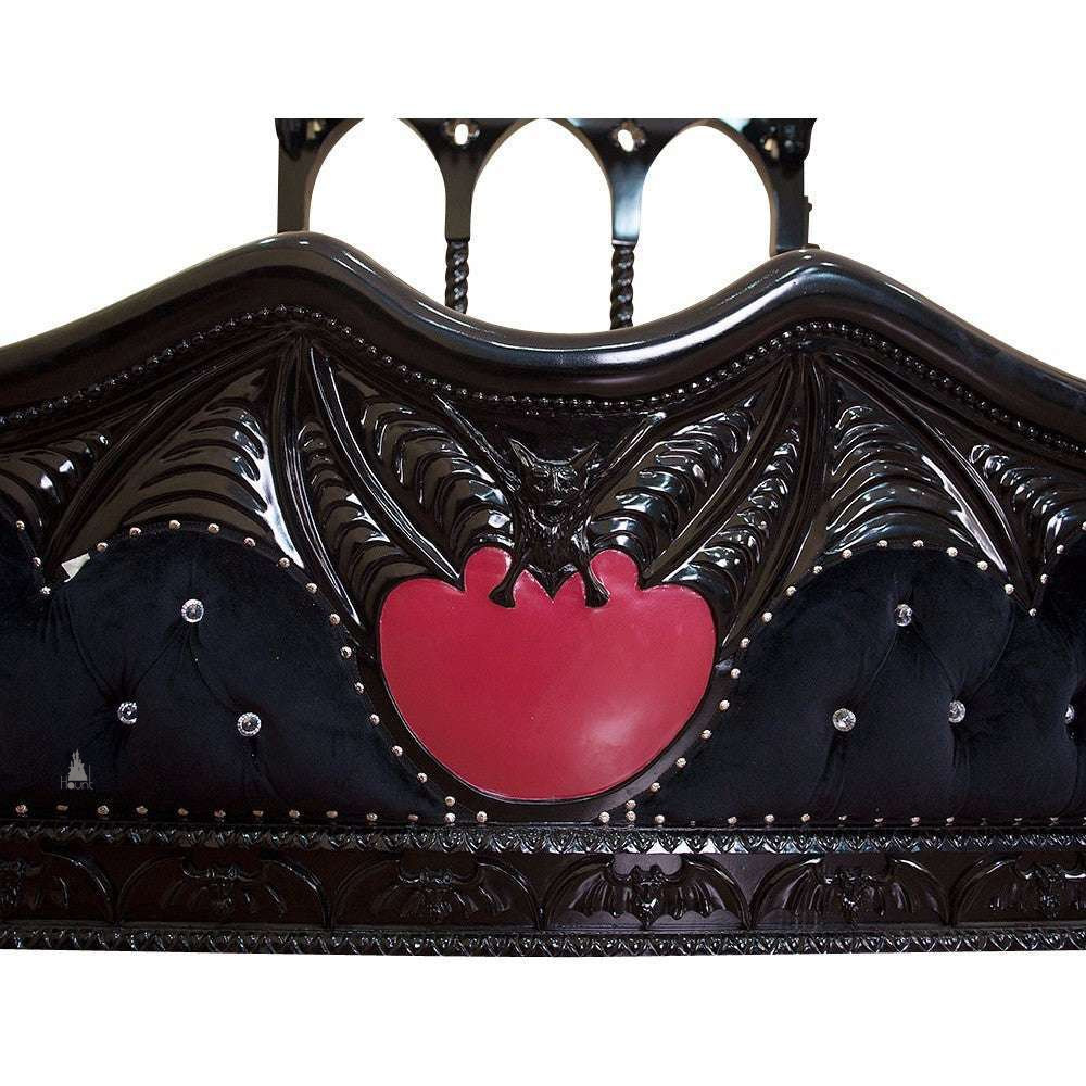 Headboard view of the Queen of the Damned Cathedral Bed showing pointed arches, carved spires and cathedral-inspired timberwork