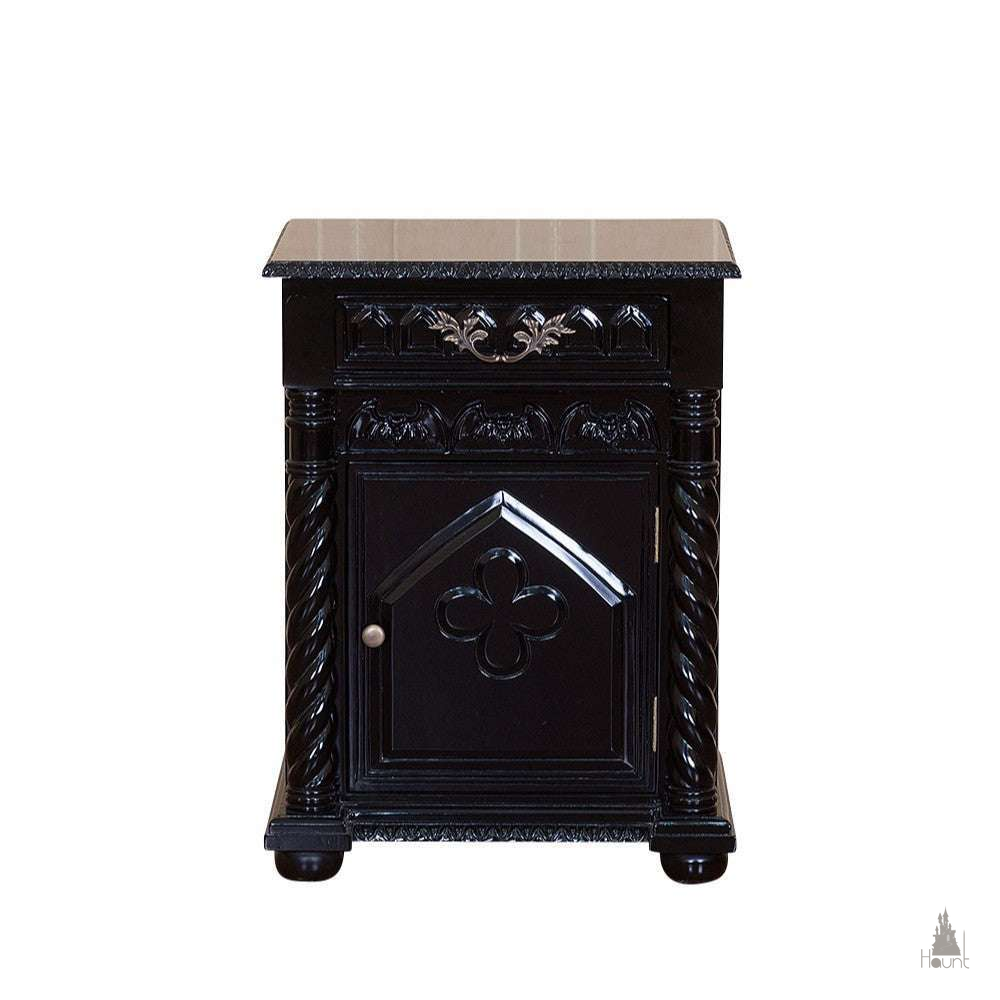 Haunt Queen of the Damned Cathedral Side Table with pointed arch door, quatrefoil detail and twisted gothic columns