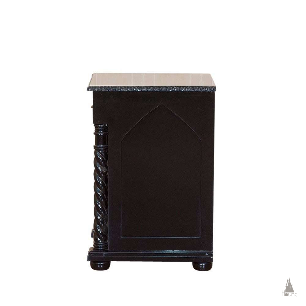 Haunt Queen of the Damned Cathedral Side Table with pointed arch door, quatrefoil detail and twisted gothic columns