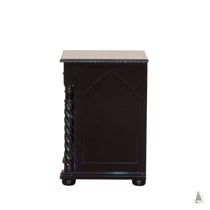 Haunt Queen of the Damned Cathedral Side Table with pointed arch door, quatrefoil detail and twisted gothic columns