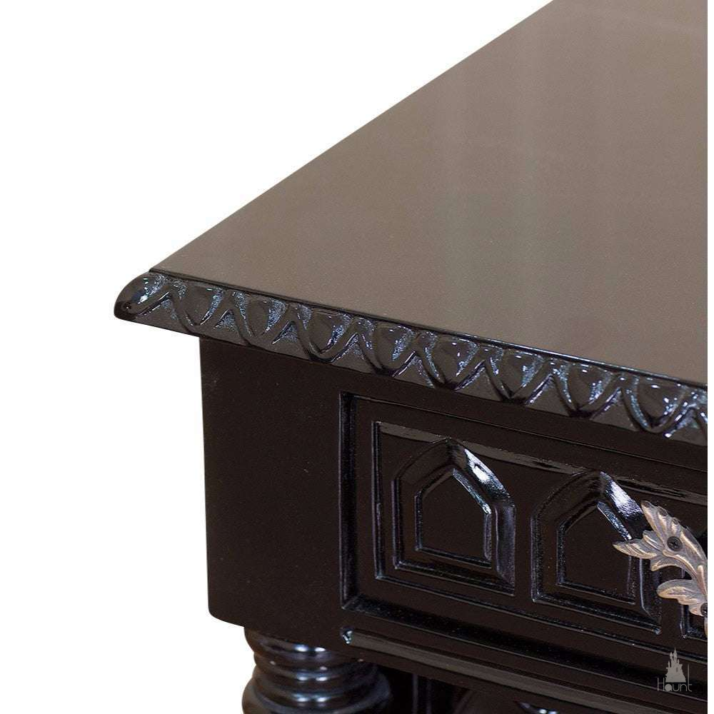 Haunt Queen of the Damned Cathedral Side Table with pointed arch door, quatrefoil detail and twisted gothic columns