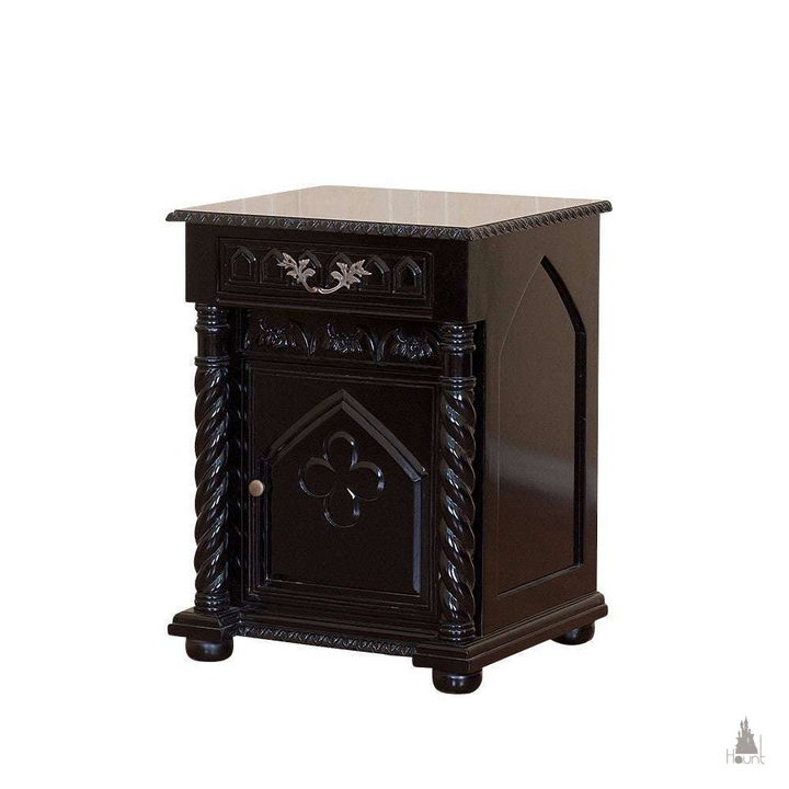Haunt Queen of the Damned Cathedral Side Table with pointed arch door, quatrefoil detail and twisted gothic columns