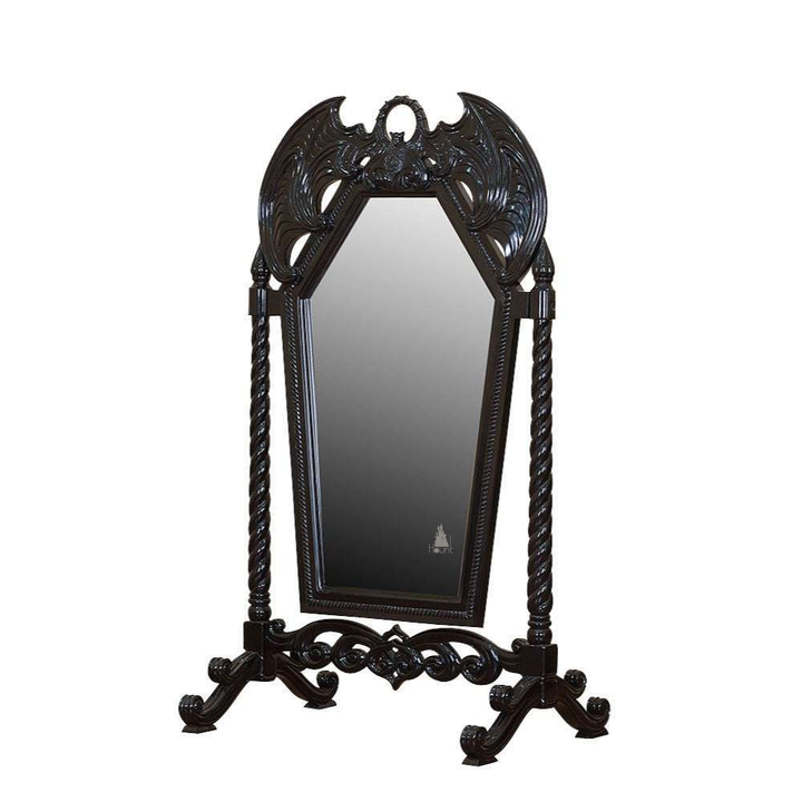Queen of the Damned Cheval Mirror, a freestanding gothic mirror with a tall coffin-shaped central glass panel and a dramatic bat-wing crest