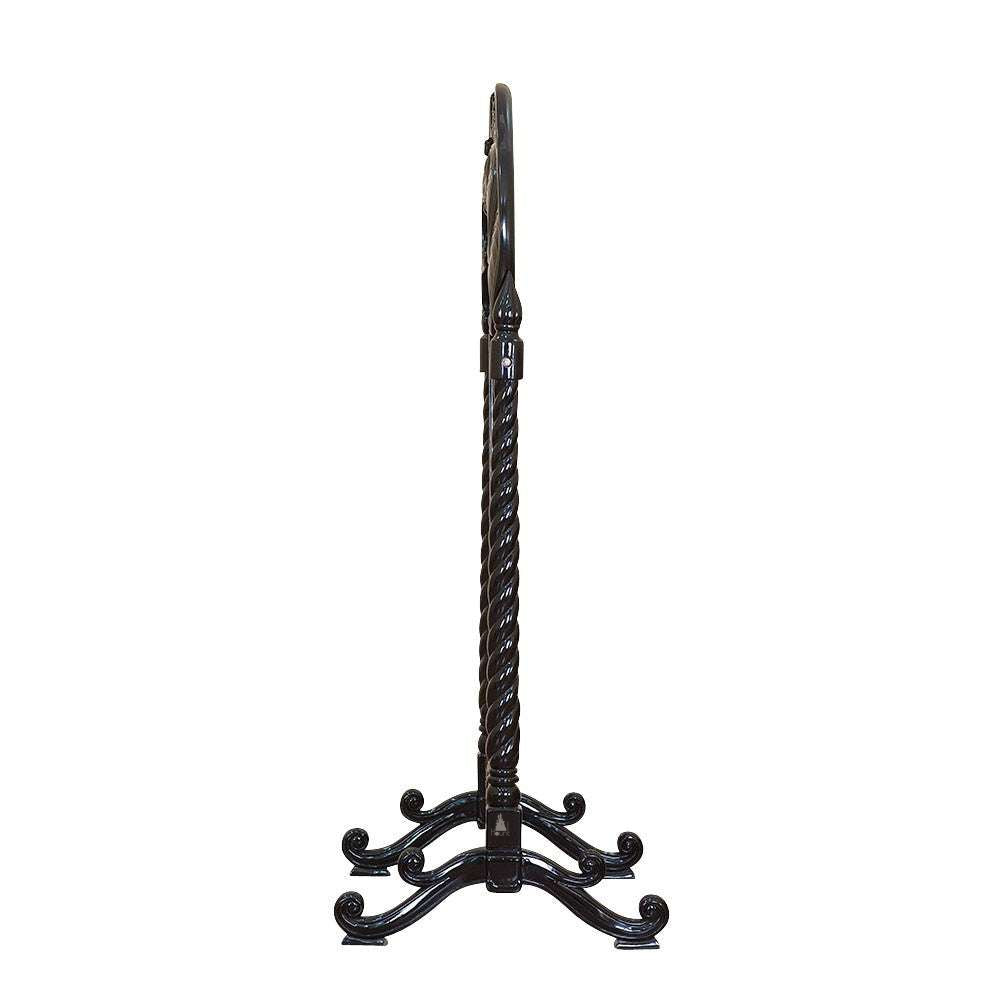 Another view of the Queen of the Damned Cheval Mirror, a freestanding gothic mirror with a tall coffin-shaped central glass panel