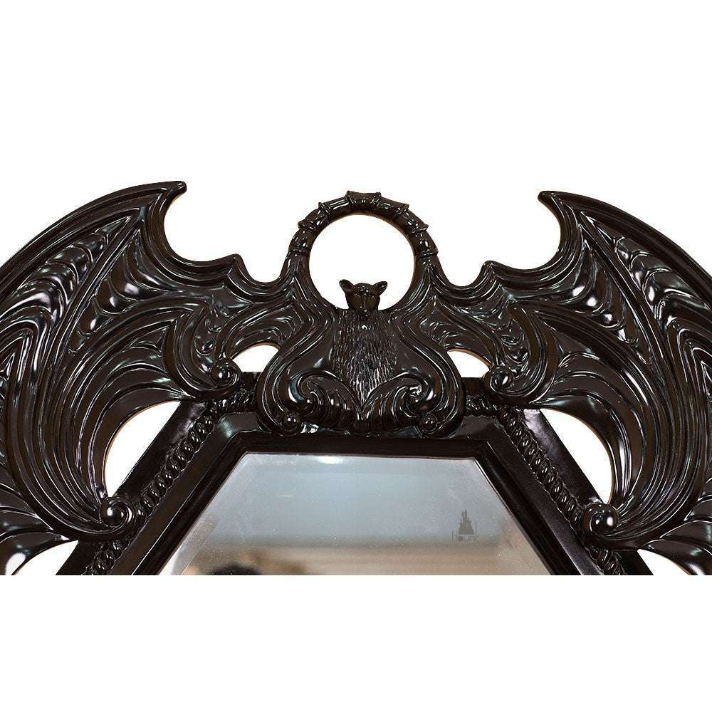 Another view of the Queen of the Damned Cheval Mirror, a freestanding gothic mirror with a tall coffin-shaped central glass panel