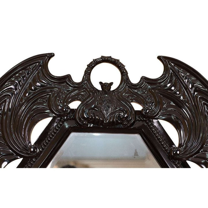 Another view of the Queen of the Damned Cheval Mirror, a freestanding gothic mirror with a tall coffin-shaped central glass panel