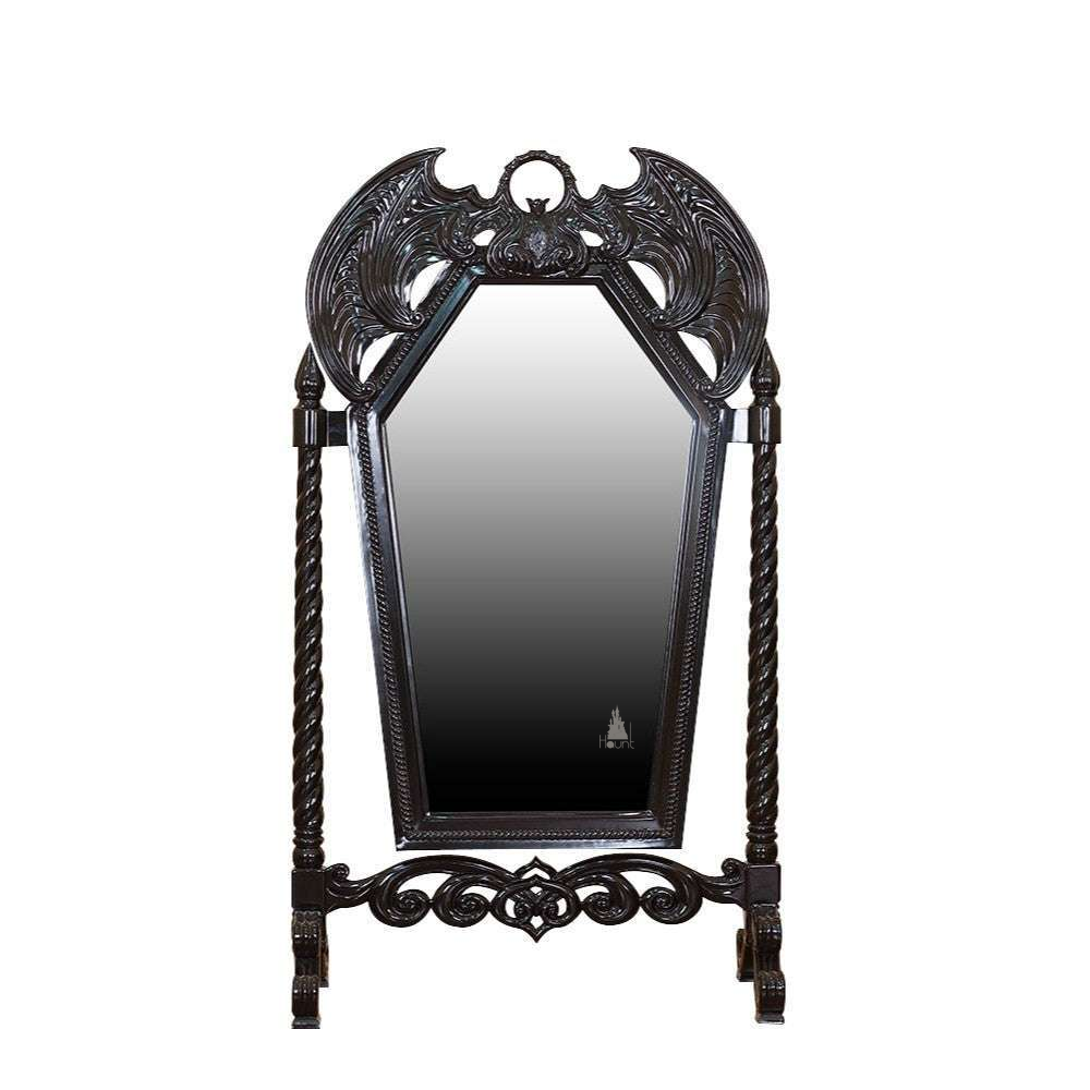 Another view of the Queen of the Damned Cheval Mirror, a freestanding gothic mirror with a tall coffin-shaped central glass panel
