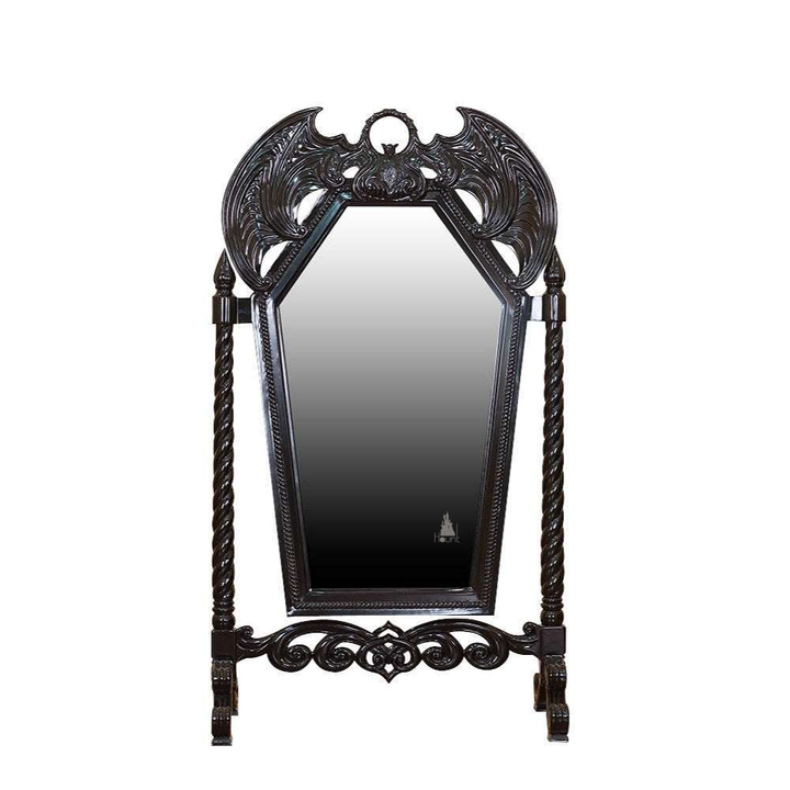 Another view of the Queen of the Damned Cheval Mirror, a freestanding gothic mirror with a tall coffin-shaped central glass panel