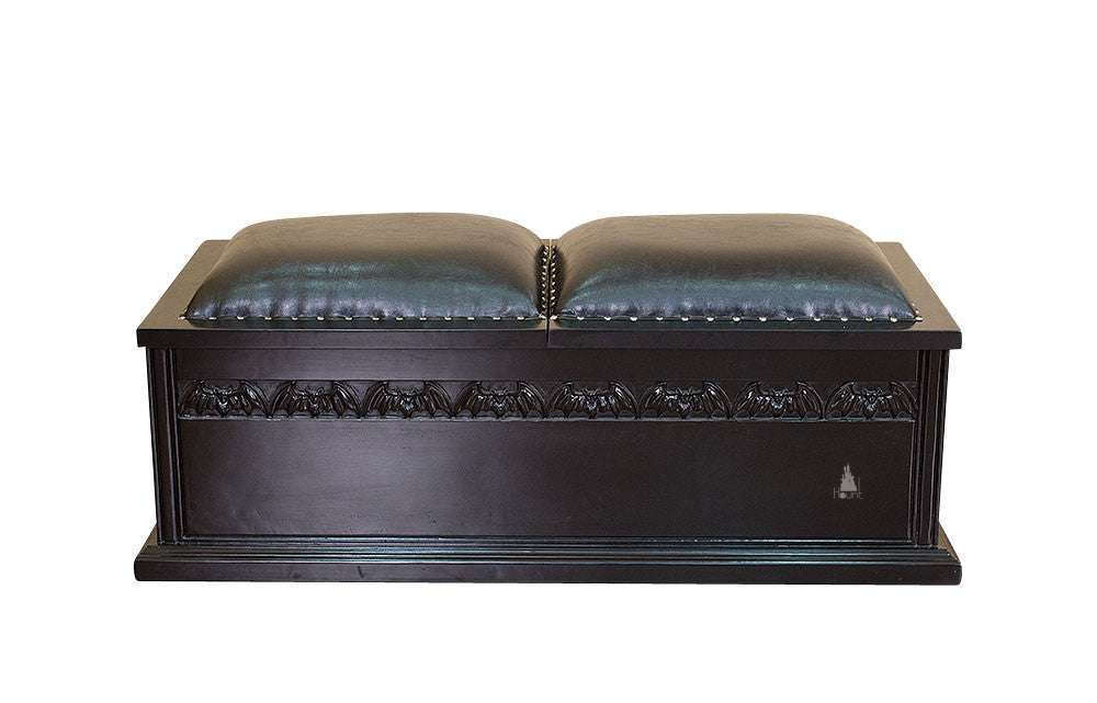 Queen of the Damned Coffin Blanket Box, a wide storage chest with a dark coffin-inspired form and two padded lid sections