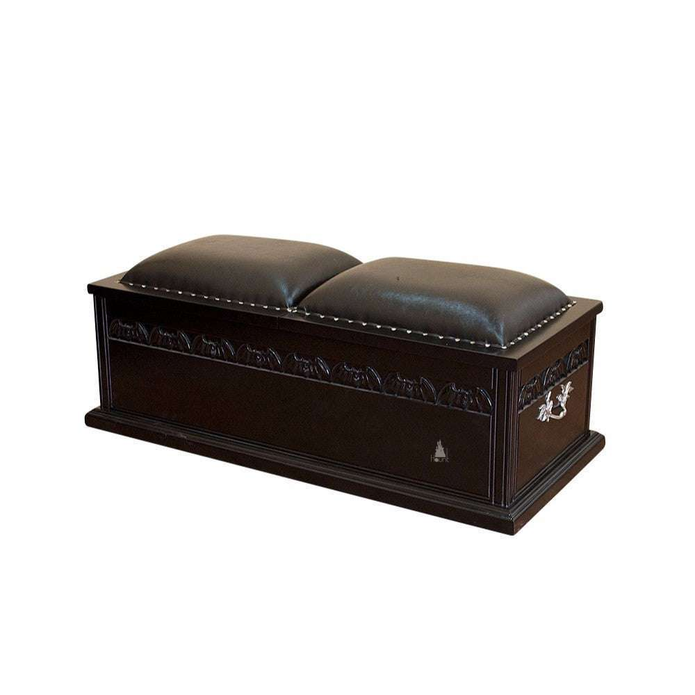 Another view of the Queen of the Damned Coffin Blanket Box, a wide storage chest with a dark coffin-inspired form and two padded lid sections