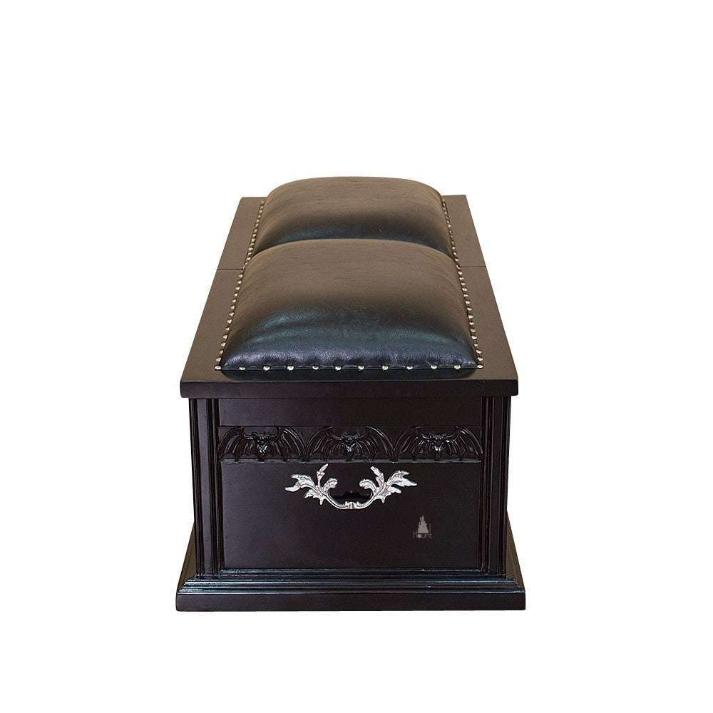 Another view of the Queen of the Damned Coffin Blanket Box, a wide storage chest with a dark coffin-inspired form and two padded lid sections