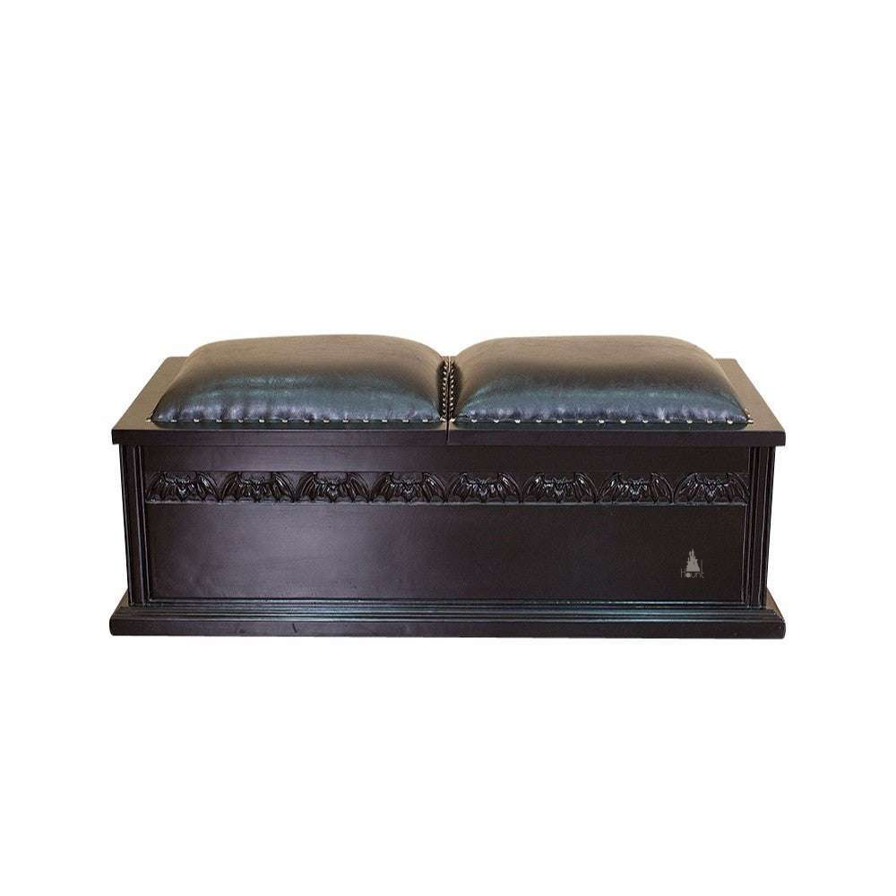 Another view of the Queen of the Damned Coffin Blanket Box, a wide storage chest with a dark coffin-inspired form and two padded lid sections
