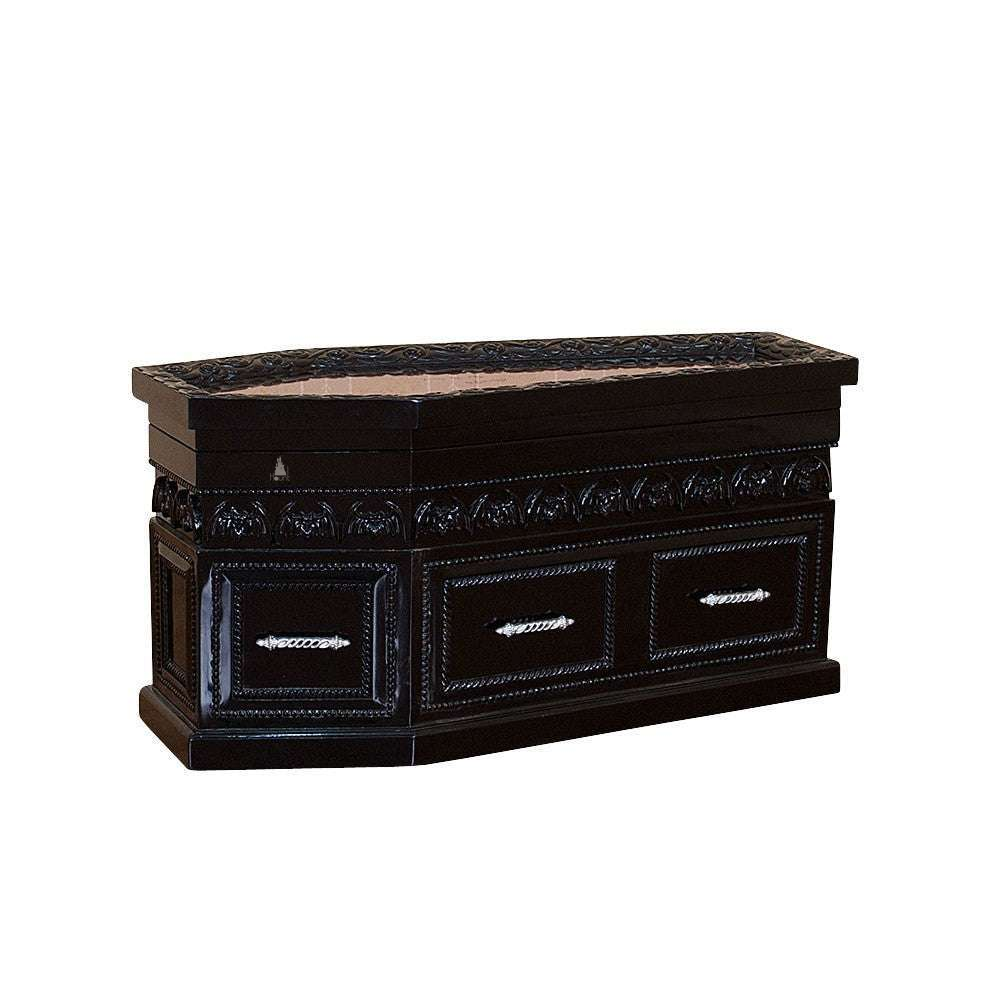 The Queen of the Damned Coffin Coffee Table, a handcrafted coffin-shaped coffee table with framed drawers and an opening glass-topped storage compartment.