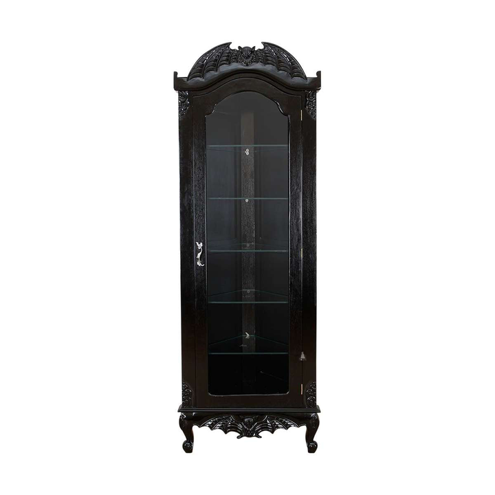 The Queen of the Damned Corner Display Cabinet, a handcrafted gothic corner cabinet with glazed door, internal glass shelves and tall arched silhouette.
