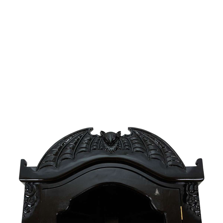 The Queen of the Damned Corner Display Cabinet, a handcrafted gothic corner cabinet with glazed door, internal glass shelves and tall arched silhouette.