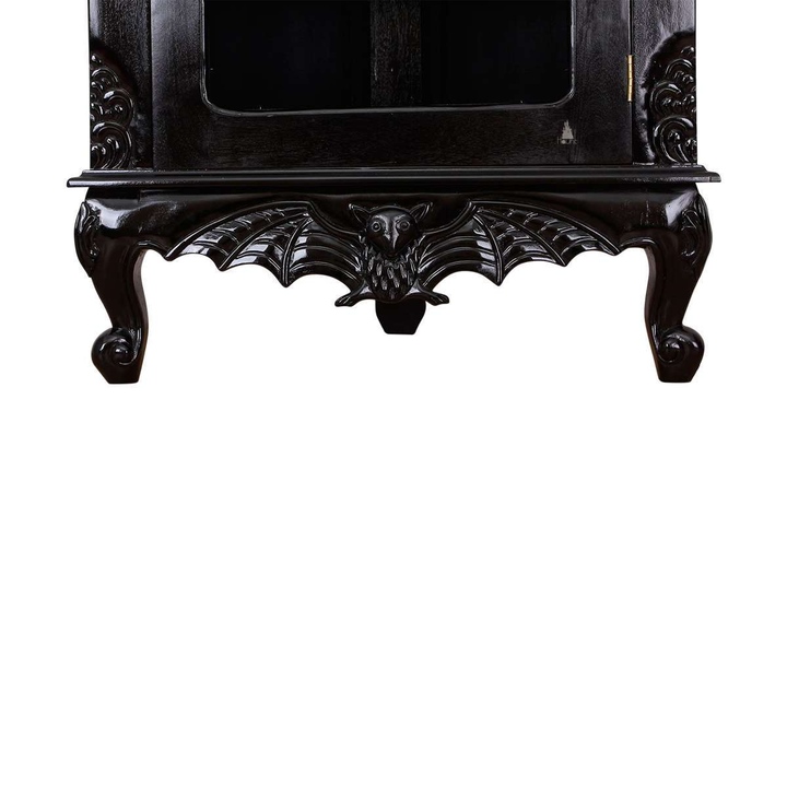 The Queen of the Damned Corner Display Cabinet, a handcrafted gothic corner cabinet with glazed door, internal glass shelves and tall arched silhouette.