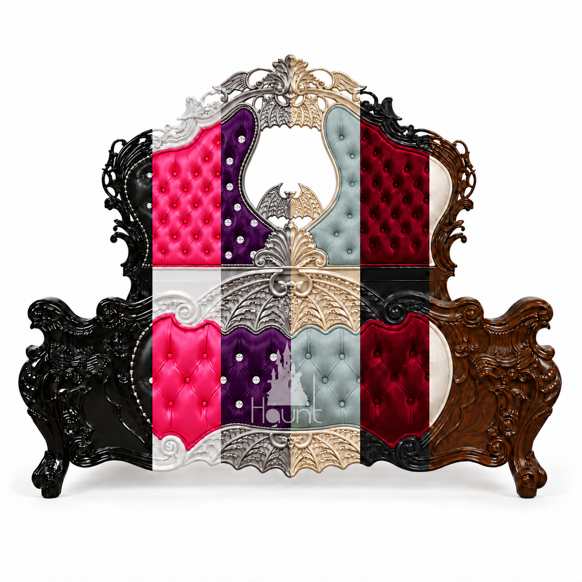 Queen of the Damned Bed by Haunt Cult showing six custom finishes in black, white and pink, silver and purple with crystal buttons, French provincial, black and oxblood, and walnut and cream.