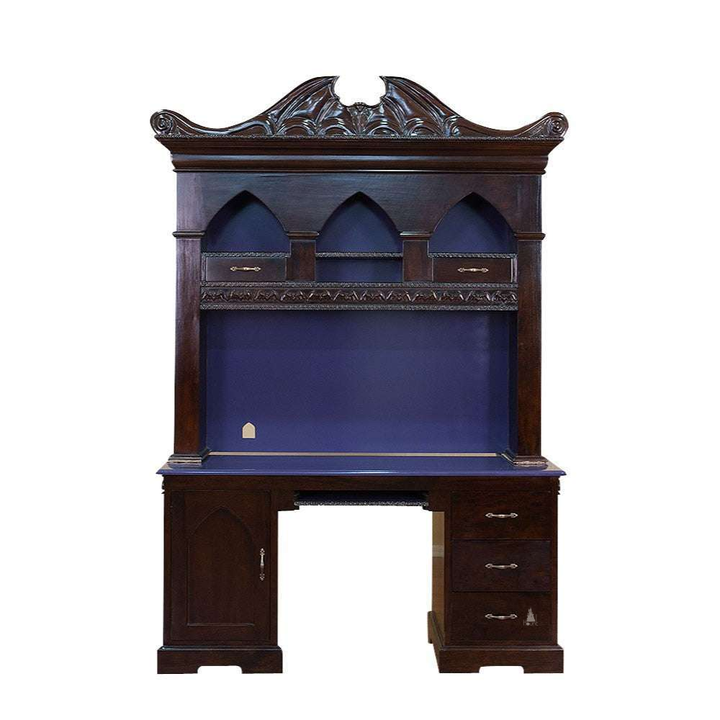 Queen of the Damned Desk, a tall gothic writing desk with an integrated upper structure, cathedral arch openings and a bat-wing crown detail