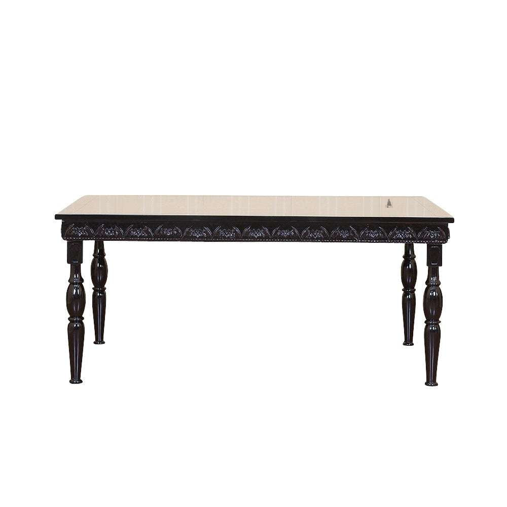 The Queen of the Damned Dining Table, a handcrafted gothic dining table with carved supports and raised bat detailing along the apron.