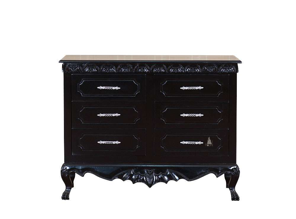 Queen of the Damned Dresser, a dark gothic dresser with a raised bat-wing crown, cathedral arch detailing and carved vertical columns