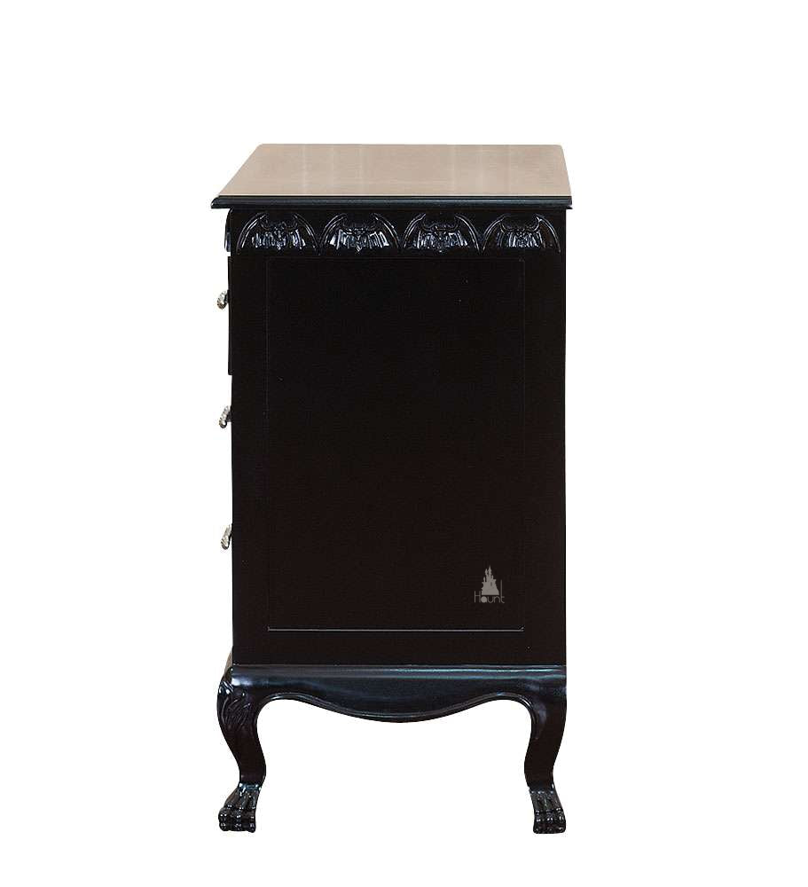Another view of the Queen of the Damned Dresser, a dark gothic dresser with a raised bat-wing crown