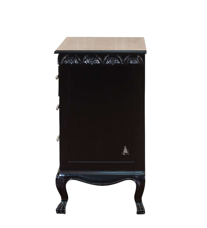 Another view of the Queen of the Damned Dresser, a dark gothic dresser with a raised bat-wing crown
