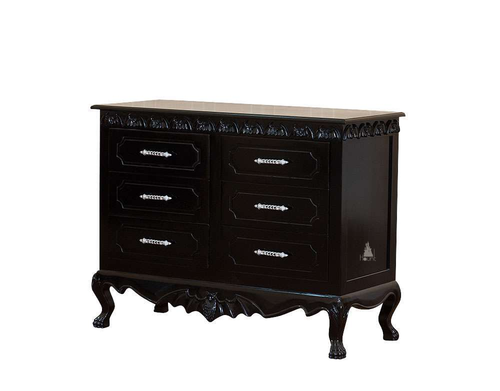 Another view of the Queen of the Damned Dresser, a dark gothic dresser with a raised bat-wing crown
