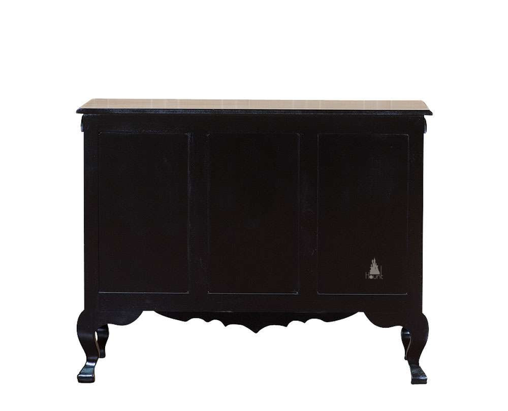 Another view of the Queen of the Damned Dresser, a dark gothic dresser with a raised bat-wing crown