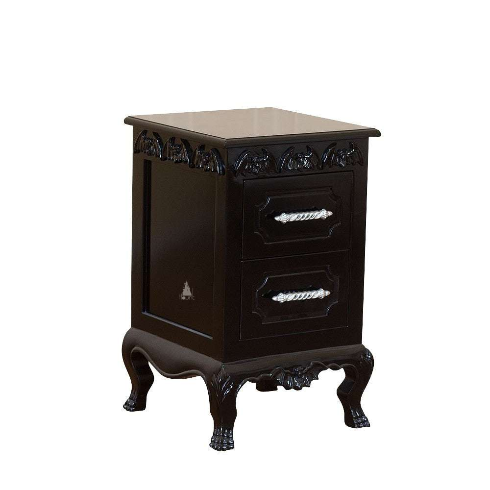 Haunt Queen of the Damned Side Table with bat carving, two drawer fronts and carved gothic feet