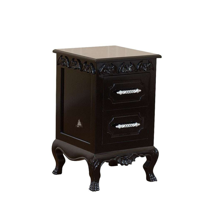 Haunt Queen of the Damned Side Table with bat carving, two drawer fronts and carved gothic feet