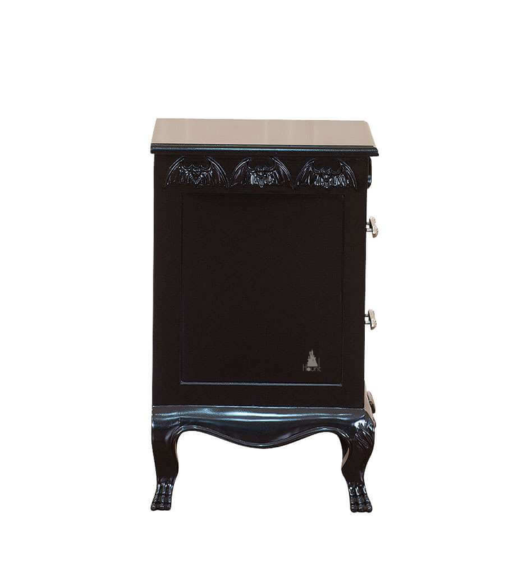 Haunt Queen of the Damned Side Table with bat carving, two drawer fronts and carved gothic feet
